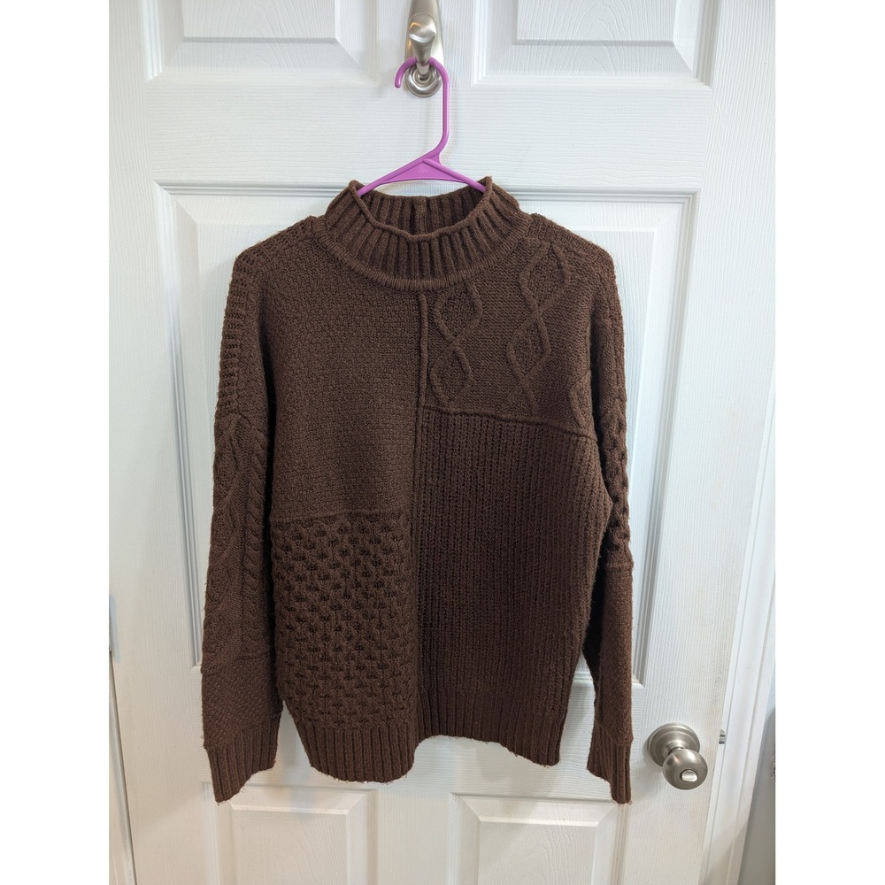American Eagle Patchwork Cable Knit Sweater Womens Brown Mock Neck - Size S